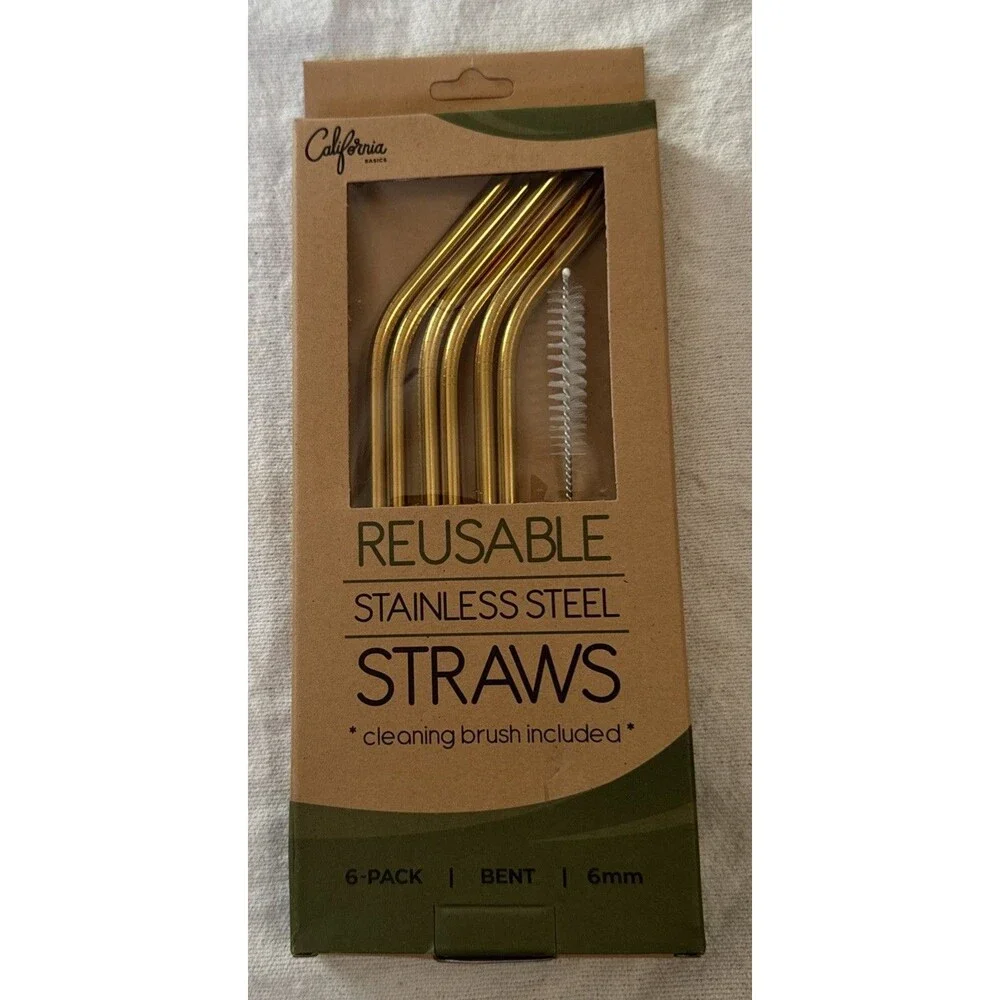 Reusable Bent Stainless Steel Straws 6 Pack With Cleaning Brush Gold Toned 6mm